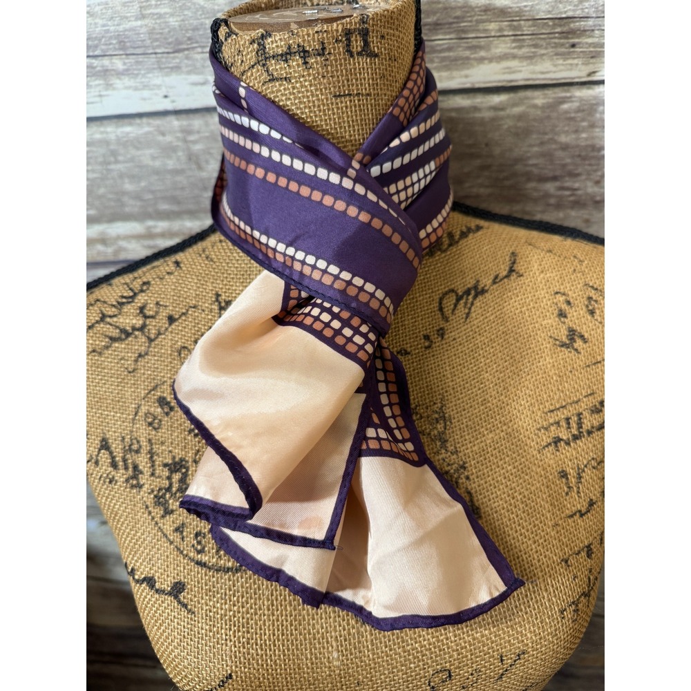 Vintage Geometric Grid Oblong Scarf Purple Tan White Silky Rectangular Necktie